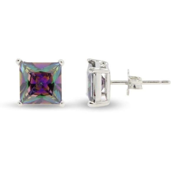 14k 925 Mystic Fire Topaz Princess Cut Solitaire Earrings - Picture 3 of 5